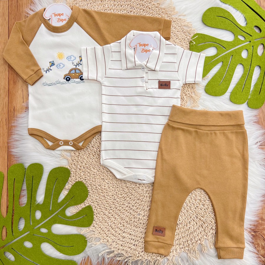 Conj. de Malha 3 peças - Carrinho e Pipas - Caramelo e Off White